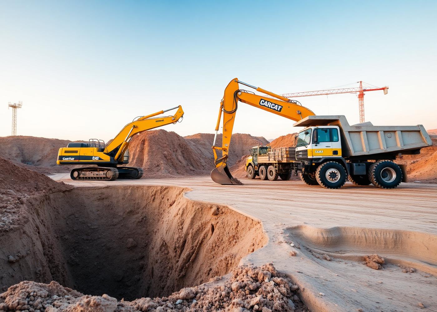 Excavatrice et camion sur un chantier